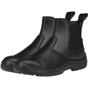 A pair of black elastic-sided safety boots with a textured sole and dual pull tabs for easy wear.