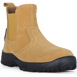 A pair of brown elastic-sided safety boots with a black sole, featuring a branded logo.