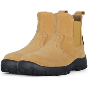 A pair of black and tan elastic-sided safety boots with a rugged sole and a branded logo.