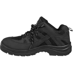 A black safety sport shoe with a mesh design, featuring laces and a rugged sole. It includes a logo.