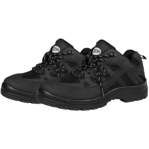 A pair of black JB's Safety Sport Shoes with mesh detailing and a logo on the side.