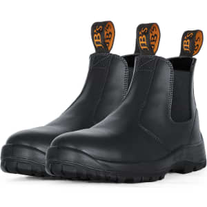 A pair of black soft toe boots with elastic side panels and pull tabs at the heel, featuring a brand logo.