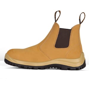 A pair of tan traditional soft toe boots with elastic side panels and a rugged sole. Features a logo on the side.