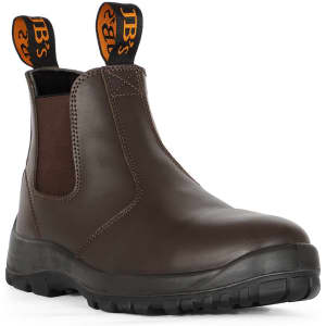 A brown soft toe boot with elastic sides and a logoed pull tab, featuring a sturdy sole for traction.