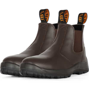 Brown soft toe boots with elastic sides and pull tabs, featuring a branded logo on the tabs.