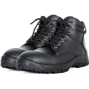 A pair of black safety boots with eyelets and laces, featuring a rugged sole and ankle support.