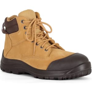 A pair of tan safety boots with black rubber soles and lace-up design. Features a logo on the side.