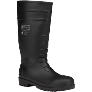 A black rubber boot featuring a textured design and reinforced toe, with a logo on the side.