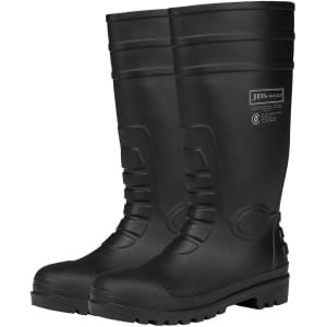 Black waterproof boots with a textured design and a logo, featuring a sturdy sole.