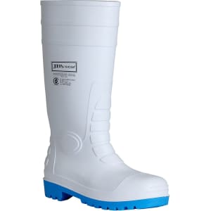 A white rubber boot with a blue sole, featuring a branded logo.