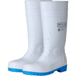 White boots with a blue sole, featuring a smooth surface and a branded logo on the side.