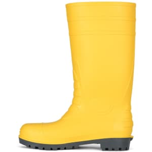A yellow rubber boot with a black sole and textured detailing along the side. It features a logo on the exterior.
