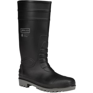 A black waterproof boot with a grey sole, featuring a logo. Designed for durability and functionality.