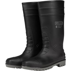 Black rubber boots with grey soles, featuring a logo on the side. Designed for durability and practicality.