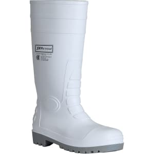 A white boot featuring a textured design and a branded logo on the side, suitable for various settings.