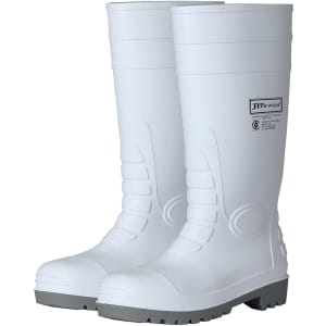 A pair of knee-high white boots with grey soles, featuring a distinctive logo.