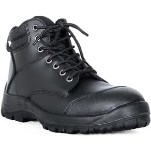 A black lace-up safety boot with a robust design and sturdy sole, featuring metal eyelets and a padded collar.
