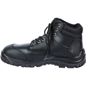 A black safety boot featuring a lace-up design, padded collar, and a rugged sole for support.