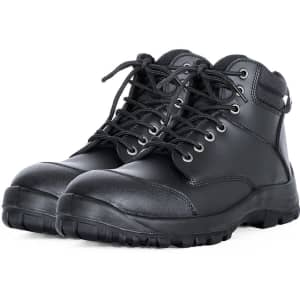 A pair of black lace-up safety boots with a rugged sole and padded collar. The boots feature metal eyelets and a logo.