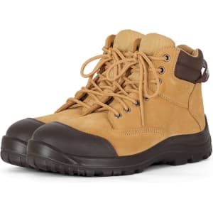A pair of tan safety boots featuring brown accents, with laces and a sturdy dark sole.