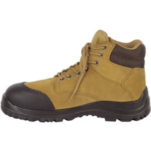 A safety boot in tan and black, featuring a lace-up design and sturdy sole. It has branding on the side.