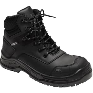 A black safety boot featuring a high-top design, laces, and a logo. Suitable for protective footwear use.
