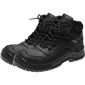 A pair of black safety boots featuring a high-top design, rounded toe, and robust laces.