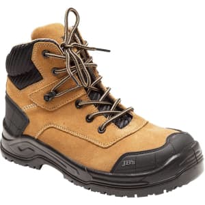 A safety boot in tan and black with laces and a rugged sole, featuring a logo on the side.
