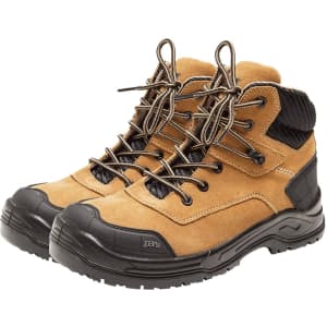 A pair of tan and black JB's Cyborg Zip Safety Boots with laces and a rugged sole. They feature a branding logo.