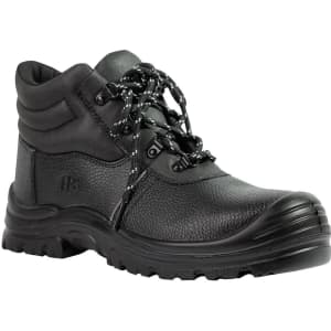 A black lace-up boot with a textured finish and sturdy sole, featuring stylish laces and a logo.