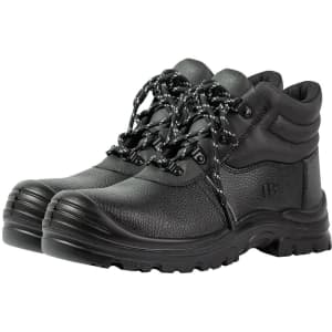 A pair of black lace-up boots with a textured finish and a rubber sole, featuring a logo on the side.