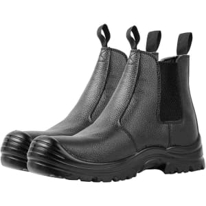 A pair of black elastic-sided boots featuring a textured finish and pull tabs for easy wear.