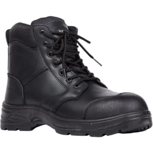 A black composite toe boot featuring a 5-inch design, lace-up closure, and a rugged sole. It has branding on the side.