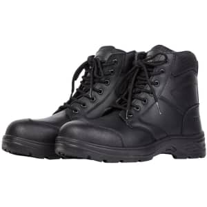 A pair of black composite toe 5” zip boots featuring lace-up design and a sturdy sole. Equipped with a logo.