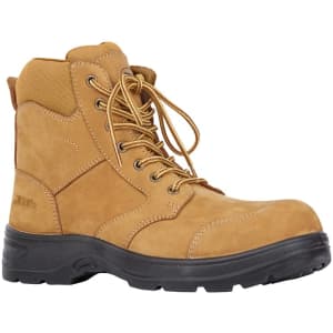 A tan composite toe 5” zip boot featuring laces and a sturdy rubber sole, with a logo visible on the side.