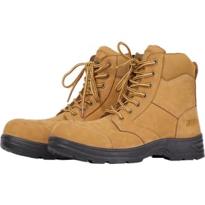 A pair of brown composite toe style boots with a sturdy black sole and laces. The boots feature reinforced stitching and branding.