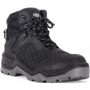 A black waterproof boot featuring a rugged design, sturdy sole, and textured mesh upper, with branding visible.