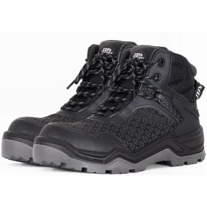 A pair of black cyclonic waterproof boots with textured detailing and a logo on the side.