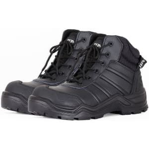 A pair of black safety boots with a rugged design, featuring laces and a logo on the back.