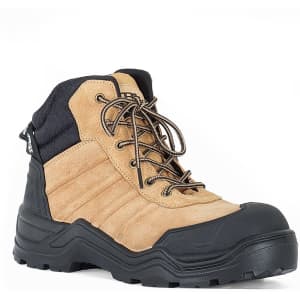 A safety boot featuring a tan suede upper with a black collar and a durable rubber sole. The boot has a logo on its side.