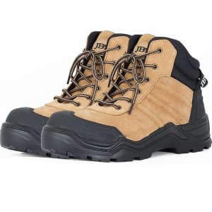 A pair of tan and black safety boots featuring a rugged design and a branding logo.