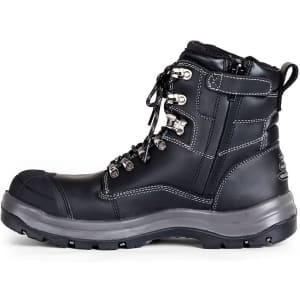 A black boot featuring a textured upper, laces, and a side zip, suitable for cold weather conditions.