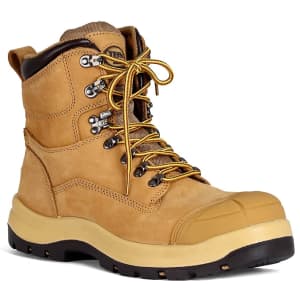 A pair of tan waterproof boots with yellow laces and a reinforced toe, featuring a logo on the side.