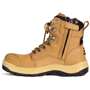 A pair of tan Arctic Freezer boots featuring laces, metal eyelets, and a side zipper, with a black logo on the heel.