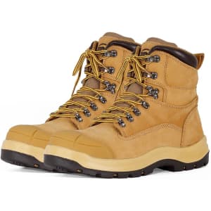 A pair of tan boots featuring yellow laces, a sturdy sole, and a logo on the side.