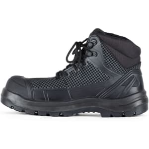 A safety boot in black and grey with a rugged design, featuring a lace-up front and padded collar.