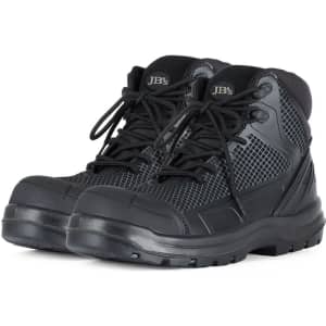 A pair of black and grey safety boots featuring a logo, with a sturdy design and high-top style.
