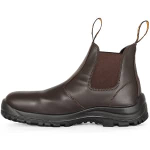 A brown safety boot with elastic sides and a rugged sole, featuring a logo on the side.