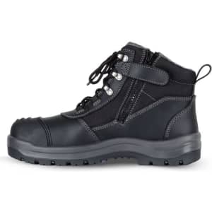 A black zip-up safety boot featuring laces and a rugged sole, designed for durability with a logo on the side.