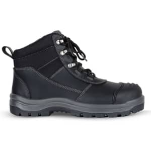 A black safety boot featuring a high-top design, lace-up front, and rugged sole, with a logo on the side.